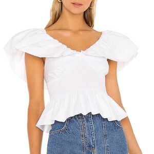 LPA Abla Top in White Elegant Ruffled Smocked Off Shoulder Ruffle Hem Sz Small